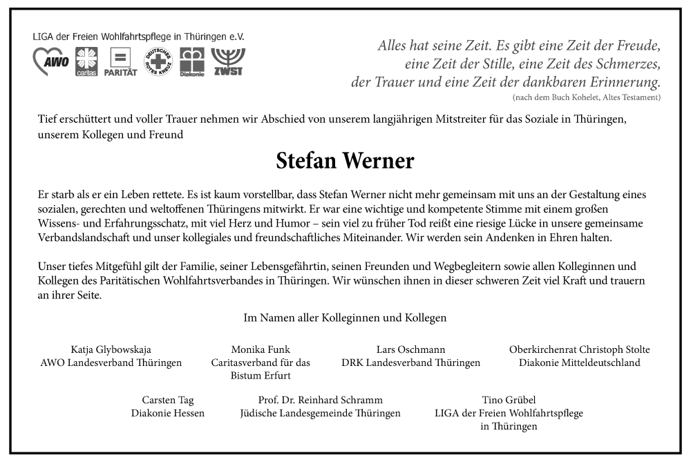  Traueranzeige für Stefan Werner vom 09.09.2023 aus Thüringer Allgemeine, Thüringische Landeszeitung, Ostthüringer Zeitung