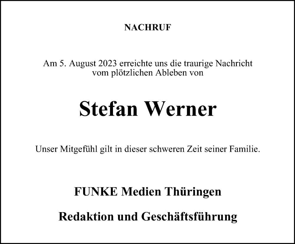  Traueranzeige für Stefan Werner vom 09.09.2023 aus Thüringer Allgemeine, Thüringische Landeszeitung
