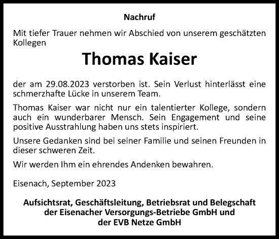 Traueranzeige von Thomas Kaiser von Thüringer Allgemeine, Thüringische Landeszeitung