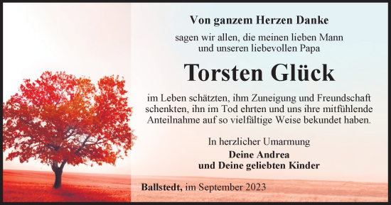 Traueranzeige von Torsten Glück von Thüringer Allgemeine, Thüringische Landeszeitung