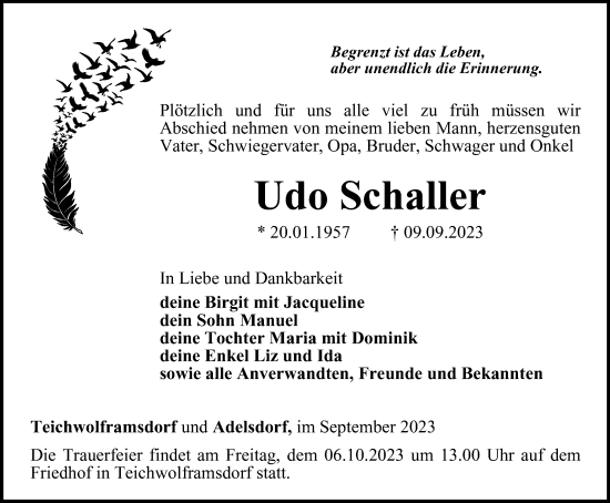 Traueranzeige von Udo Schaller von Ostthüringer Zeitung