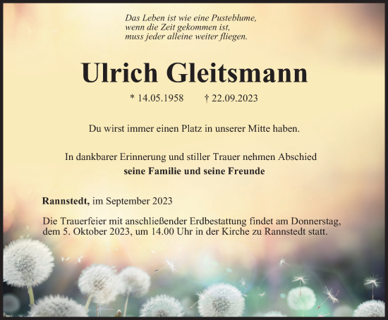 Traueranzeige von Ulrich Gleitsmann von Thüringer Allgemeine, Thüringische Landeszeitung