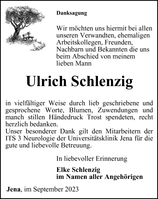 Traueranzeige von Ulrich Schlenzig von Ostthüringer Zeitung, Thüringische Landeszeitung