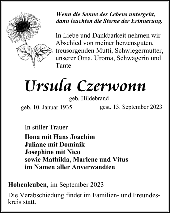Traueranzeige von Ursula Czerwonn von Ostthüringer Zeitung