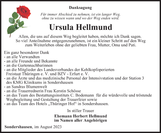 Traueranzeige von Ursula Hellmund von Thüringer Allgemeine
