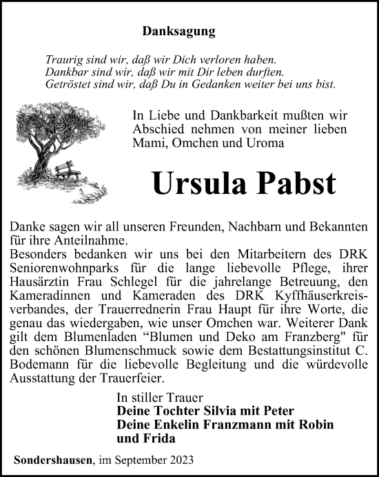 Traueranzeige von Ursula Pabst