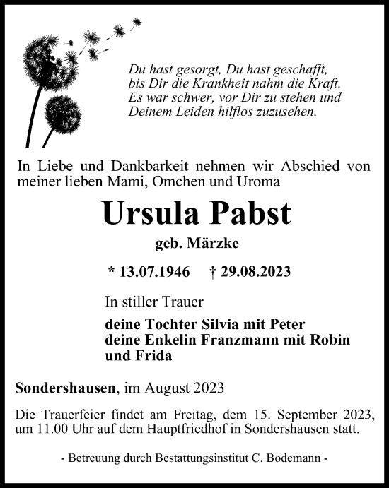 Traueranzeige von Ursula Pabst