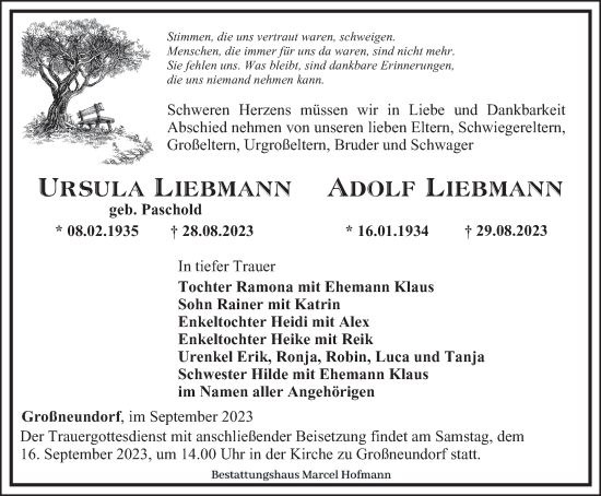 Traueranzeige von Ursula und Adolf Liebmann von Ostthüringer Zeitung