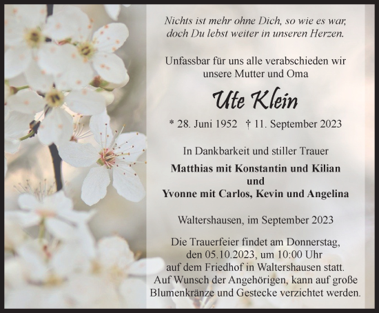 Traueranzeige von Ute Klein von Thüringer Allgemeine, Thüringische Landeszeitung