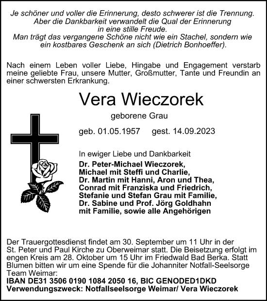 Traueranzeige von Vera Wieczorek von Thüringer Allgemeine, Thüringische Landeszeitung