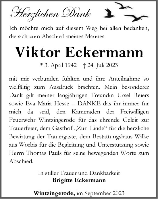 Traueranzeige von Viktor Eckermann von Thüringer Allgemeine