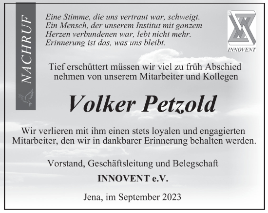 Traueranzeige von Volker Petzold von Ostthüringer Zeitung, Thüringische Landeszeitung