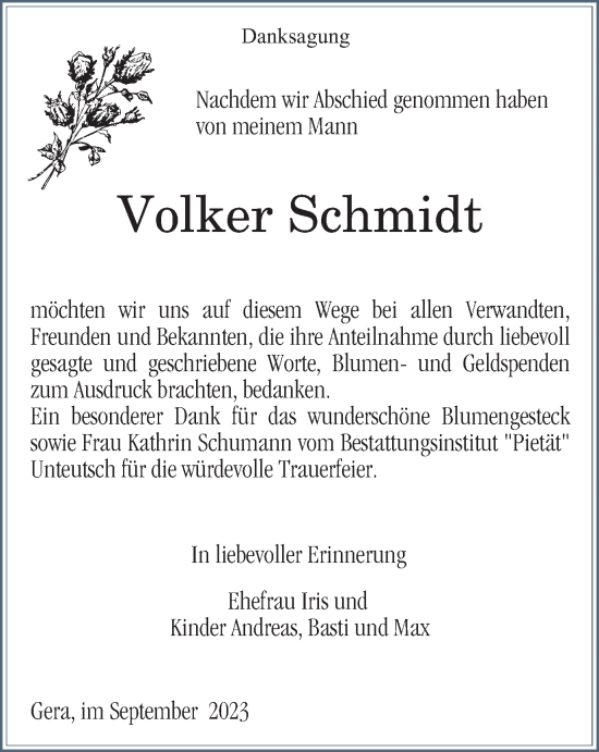 Traueranzeige von Volker Schmidt von Ostthüringer Zeitung