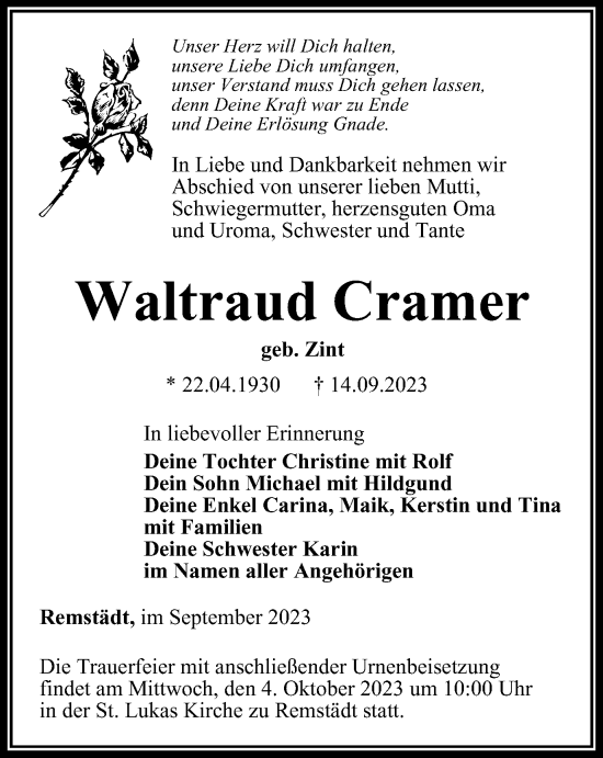 Traueranzeige von Waltraud Cramer von Thüringer Allgemeine, Thüringische Landeszeitung