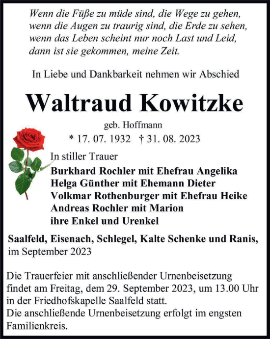 Traueranzeige von Waltraud Kowitzke von Ostthüringer Zeitung