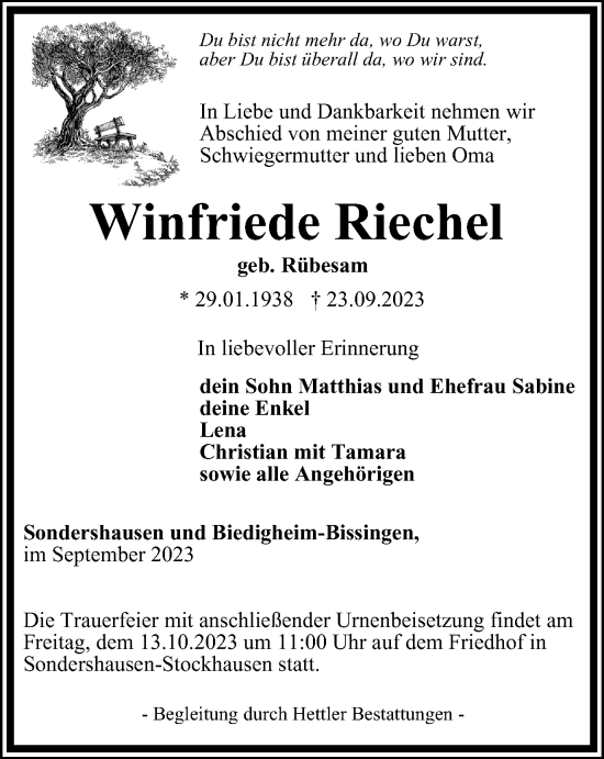 Traueranzeige von Winfriede Riechel von Thüringer Allgemeine