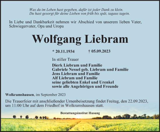 Traueranzeige von Wolfgang Liebram von Thüringer Allgemeine