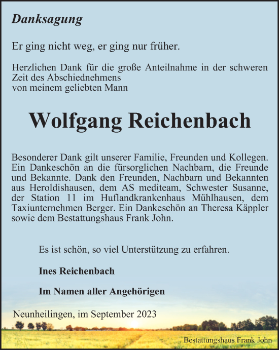 Traueranzeige von Wolfgang Reichenbach von Thüringer Allgemeine, Thüringische Landeszeitung