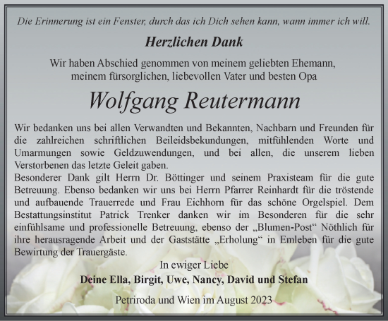 Traueranzeige von Wolfgang Reutermann von Thüringer Allgemeine, Thüringische Landeszeitung