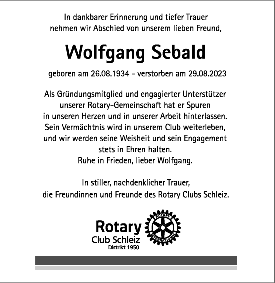 Traueranzeige von Wolfgang Sebald von Ostthüringer Zeitung