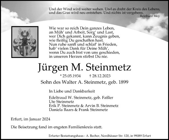 Traueranzeige von Jürgen M. Steinmetz von TA, TLZ