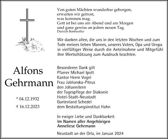 Traueranzeige von Alfons Gehrmann