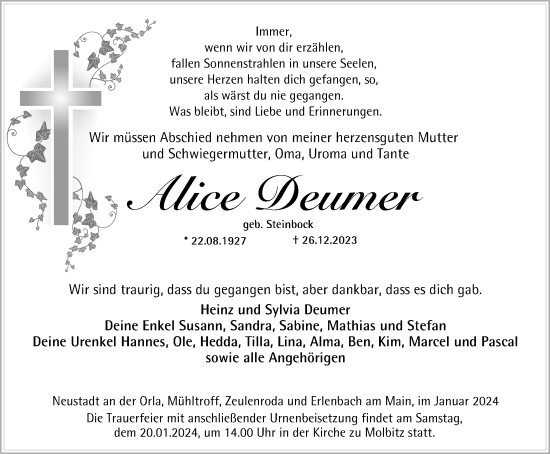 Traueranzeige von Alice Deumer von Ostthüringer Zeitung