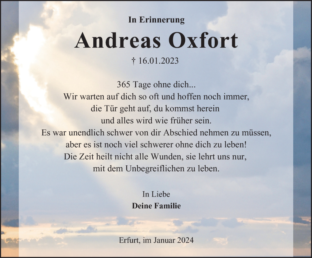  Traueranzeige für Andreas Oxfort vom 16.01.2024 aus Thüringer Allgemeine, Thüringische Landeszeitung