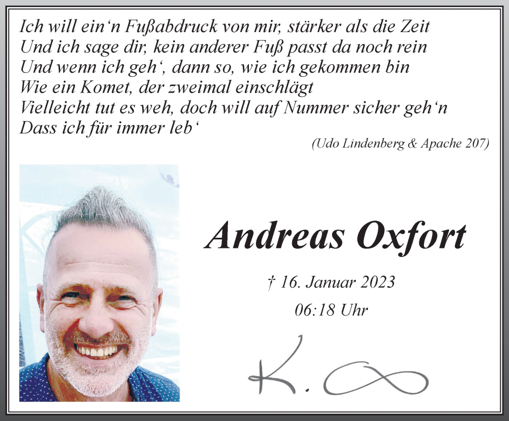  Traueranzeige für Andreas Oxfort vom 16.01.2024 aus Thüringer Allgemeine, Thüringische Landeszeitung