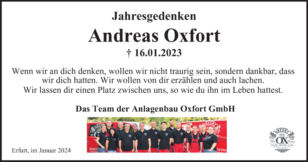  Traueranzeige für Andreas Oxfort vom 16.01.2024 aus Thüringer Allgemeine, Thüringische Landeszeitung