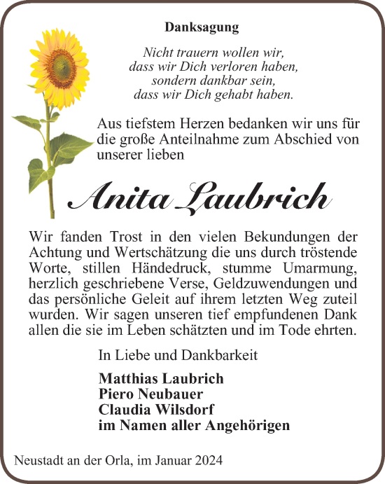 Traueranzeige von Anita Laubrich von Ostthüringer Zeitung