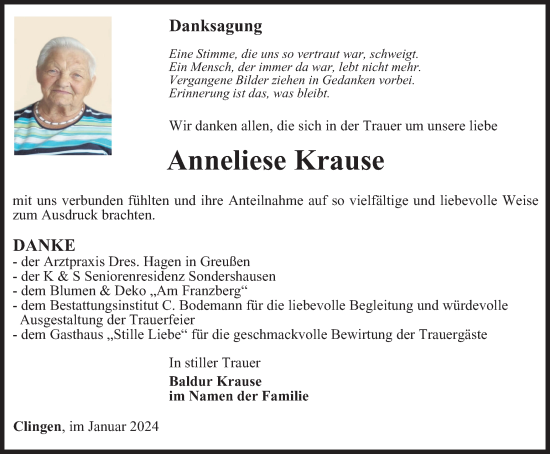 Traueranzeige von Anneliese Krause von Thüringer Allgemeine