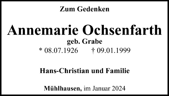 Traueranzeige von Annemarie Ochsenfarth von Thüringer Allgemeine, Thüringische Landeszeitung