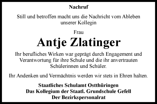 Traueranzeige von Antje Zlatinger von Ostthüringer Zeitung