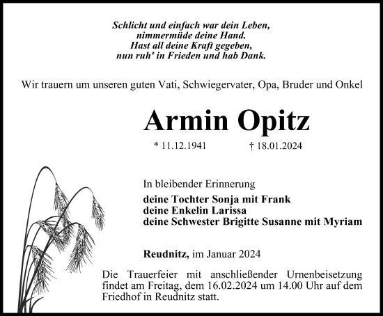 Traueranzeige von Armin Opitz