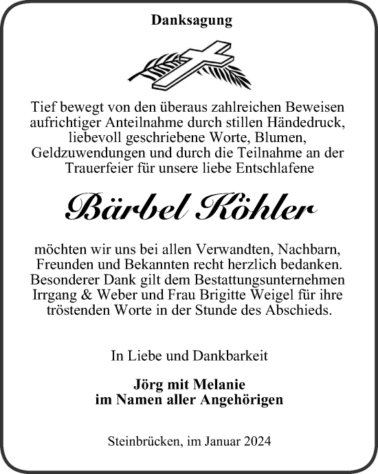 Traueranzeige von Bärbel Köhler von Ostthüringer Zeitung