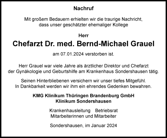 Traueranzeige von Bernd-Michael Grauel von Thüringer Allgemeine