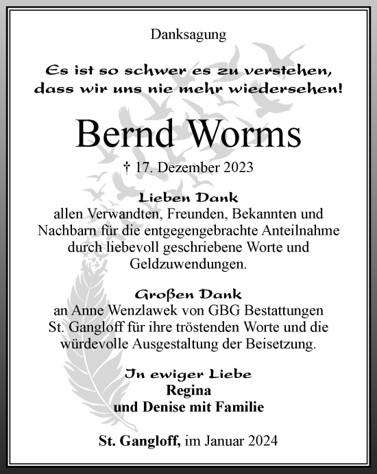 Traueranzeige von Bernd Worms von Ostthüringer Zeitung