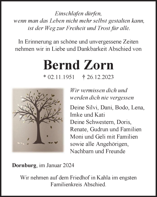 Traueranzeige von Bernd Zorn von Ostthüringer Zeitung, Thüringische Landeszeitung