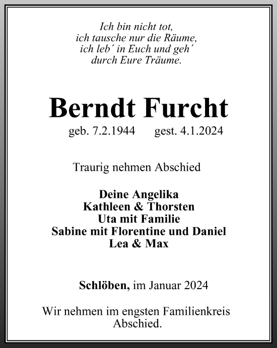 Traueranzeige von Berndt Furcht von Ostthüringer Zeitung
