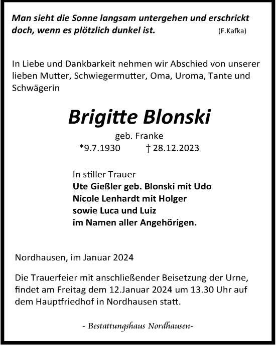 Traueranzeige von Brigitte Blonski von Thüringer Allgemeine