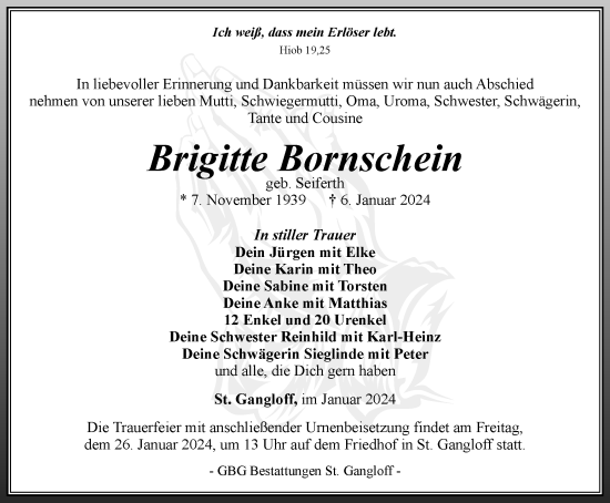 Traueranzeige von Brigitte Bornschein von Ostthüringer Zeitung