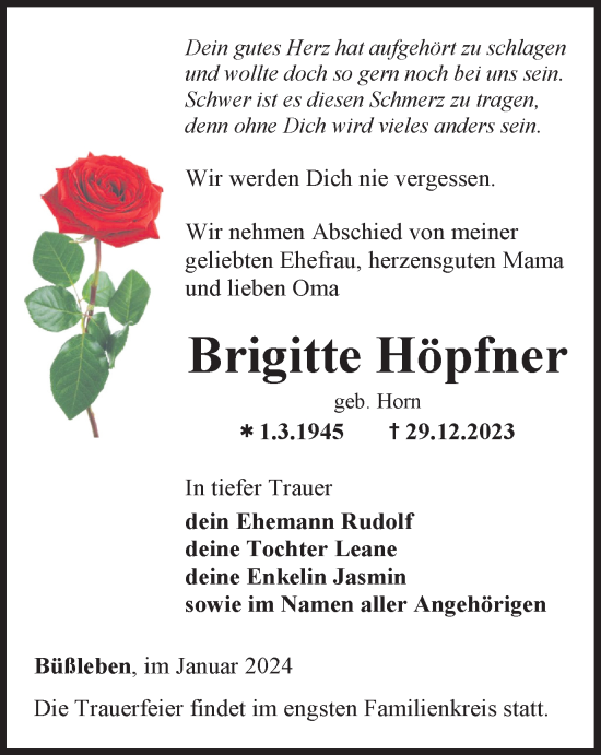 Traueranzeige von Brigitte Höpfner von Thüringer Allgemeine, Thüringische Landeszeitung