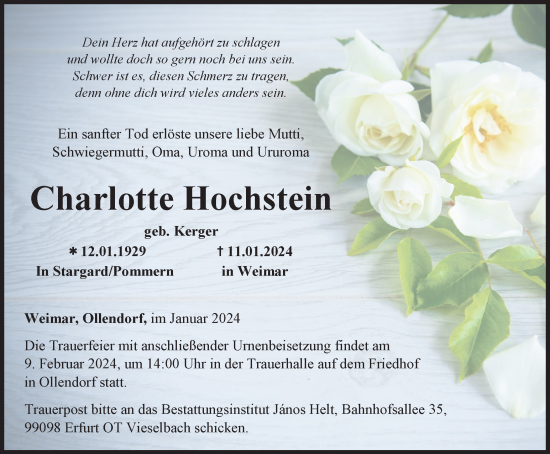 Traueranzeige von Charlotte Hochstein von Thüringer Allgemeine, Thüringische Landeszeitung