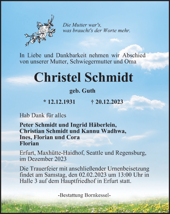 Traueranzeige von Christel Schmidt