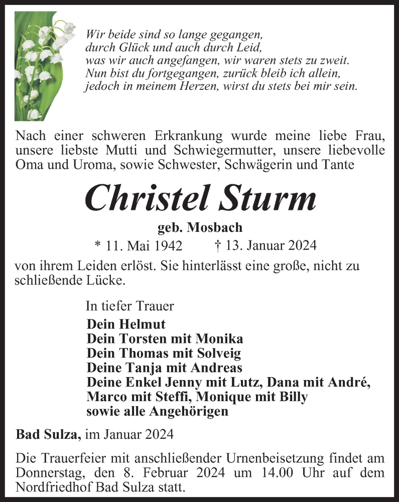  Traueranzeige für Christel Sturm vom 27.01.2024 aus Thüringer Allgemeine, Thüringische Landeszeitung