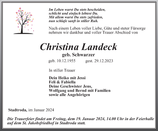 Traueranzeige von Christina Landeck von Ostthüringer Zeitung