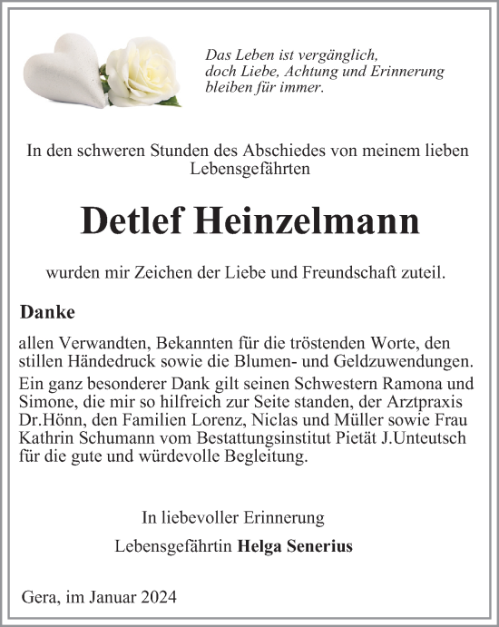 Traueranzeige von Detlef Heinzelmann von Ostthüringer Zeitung