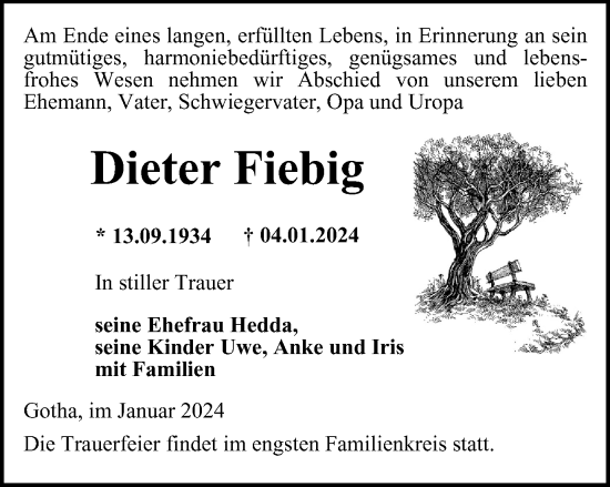 Traueranzeige von Dieter Fiebig von Thüringer Allgemeine, Thüringische Landeszeitung