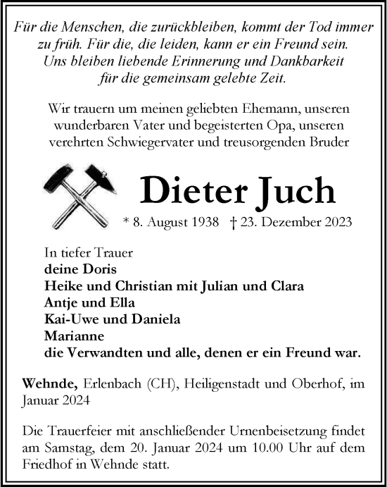 Traueranzeige von Dieter Juch von Thüringer Allgemeine